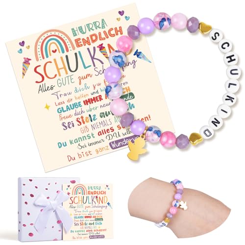 iZoeL Einschulung Geschenk Mädchen Schutzengel Ärmbänder Lila 2024 Schulkind Geschenk Schultüte Füllung Schulanfang Geschenk Glücksbringer mit Grußkarte Geschenkbox von iZoeL