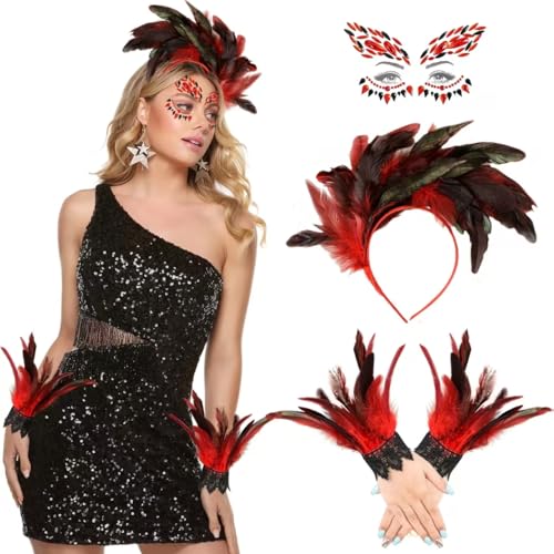 iZoeL Feder kostüm Damen Mädchen, Feder Haarreif Gothic Feder Handschuhe Tattoo Karneval Kostüm Accessorie, Malefiecent Kostüm Krähenkostüm Vogel kostüm Karneval Fasching Mottoparty Rotschwarz von iZoeL