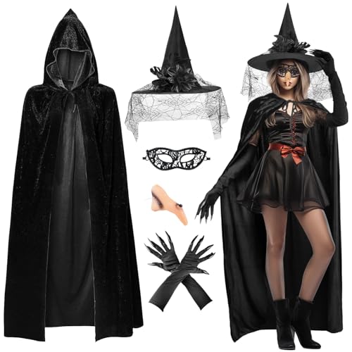 iZoeL Halloween Hexenkostüm Damen Hexenhut, Hexenumhang 170cm, Hexen Silikon Nase, Hexehandschuhe,Hexenmask, Halloween Fasching Mottoparty Kostüm für Damen Frauen von iZoeL