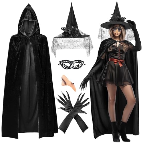 iZoeL Halloween Hexenkostüm Damen Hexenhut, Hexenumhang 170cm, Hexen Silikon Nase, Hexehandschuhe,Hexenmask, Halloween Fasching Mottoparty Kostüm für Damen Frauen von iZoeL