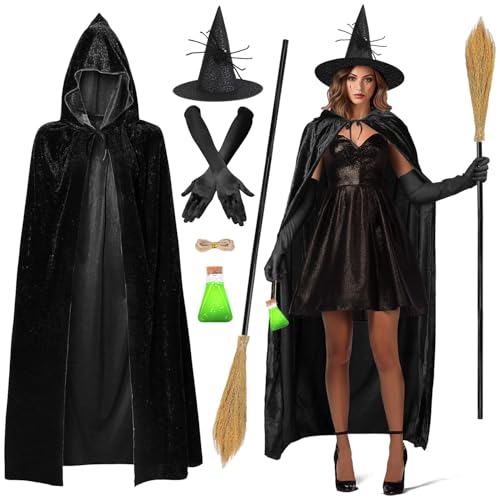 iZoeL Halloween Hexenkostüm Damen Hexenhut, Hexenumhang 170cm Hexenbesen, Halloween Hexehandschuhe,Hexen Trankflasche Halloween Fasching Cosplay Kostüm für Damen Frauen von iZoeL