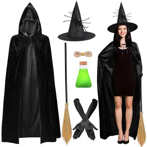 iZoeL Halloween Hexenkostüm Damen Hexenhut, Hexenumhang 170cm Hexenbesen, Halloween Hexehandschuhe,Hexen Trankflasche Halloween Fasching Kostüme für Damen Frauen von iZoeL