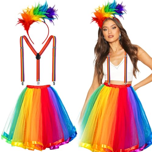 iZoeL Karneval Kostüm Damen Regenbogen Tüllrock mit Feder Haarreif Bunt Hosenträger, Regenbogen Einhorn Rock, 50er jahre outfit damen, Halloween Karneval FaschingTütü Damen Mädchen von iZoeL