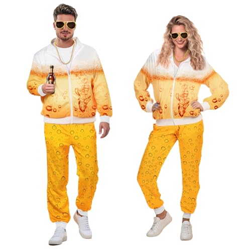 iZoeL Halloween Kostüm Herren Damen, 80er Jahre Outfit Set Golden Brille Halskette Bierkostüm Trainingsanzug Jogginganzug Halloween Oktoberfest Karneval Mottoparty Fasching Kostüm von iZoeL