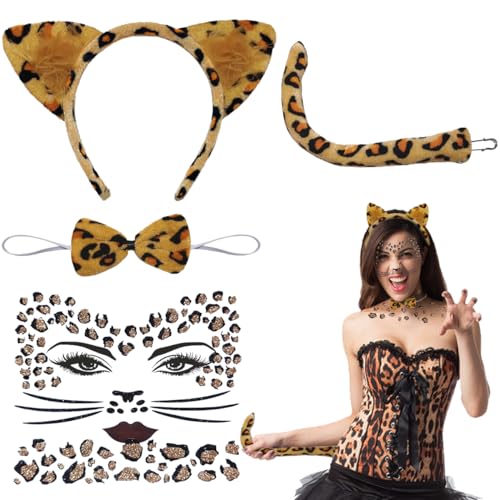 iZoeL Karneval Leoparden Kostüm Damen Kinder, Leoparden Ohren Haarreif Leoparden Schwanz Fliege Gesichtstattoo Tier kostüm Accessorie Halloween Karneval Mottoparty Damen Kinder Kostüm von iZoeL