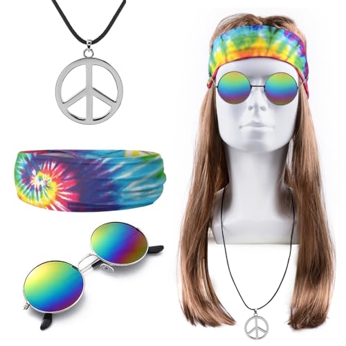 iZoeL Hippie Kostüm Damen Herren, Hippie Perücke Sonnenbrille Peace Halskette Anhänger Batik Stirnband Accessories, Herren Damen Fasching Kostüm 80er 90er Mottoparty Halloween Fasching Karneval von iZoeL