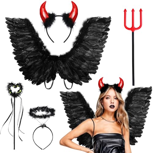 iZoeL Teufel kostüm Schwarz Engel kostüm Damen Mädchen, Engelsflügel Teufelshörner Engel Haarreif Teufelheugabel Zauberstab,Damen Mädchen Faschingkostüme Karneval Cosplay Halloween Party von iZoeL