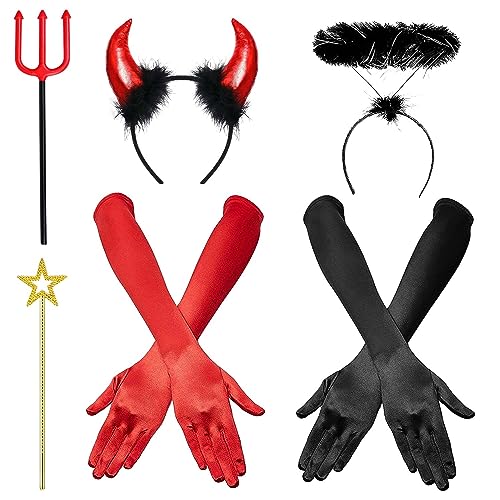 iZoeL Teufel Haarreifen Teufelshörner Teufelsohren +Schwarz Heiligenschein Handschuhe Heugabel Zauberstab Teufel Kostüm Accessorie,Damen Mädchen Halloween Karneval Fasching kostüm von iZoeL