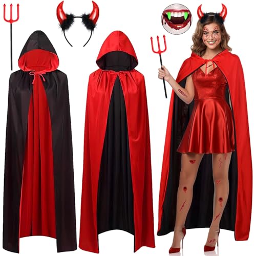 iZoeL Halloween Teufel Kostüm Damen,Teufel umhang roter Kapuzenumhang Haarreif Teufelshörner Heugabel Tattoo Teufel kostüm Accessorie, Halloween Karneval Fasching Mottoparty kostüm von iZoeL