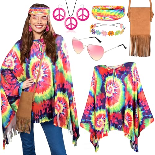 iZoeL Hippie Kostüm Damen, 70er 80er Jahre Kostüm Hippie Poncho Oberteil Bluse Kleid Batik Stirnband Peace Halskette Orringe Brille Tasche, Damen 70er Jahre Bekleidung Karneval Fasching Mottoparty von iZoeL