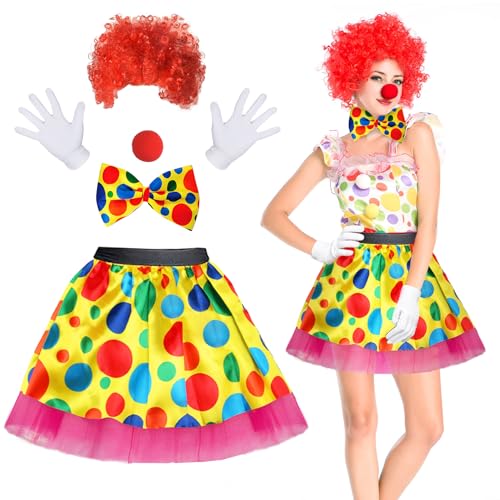 iZoeL Karneval Clown Kostüm Damen Mädchen, Clown Lockenperücke + Clown Tutu Rock + Clownsnase + Bunte Fliege Clown Kostüm Accessorie, Karneval Halloween Fasching Mottoparty Kostüm für Damen Mädchen von iZoeL