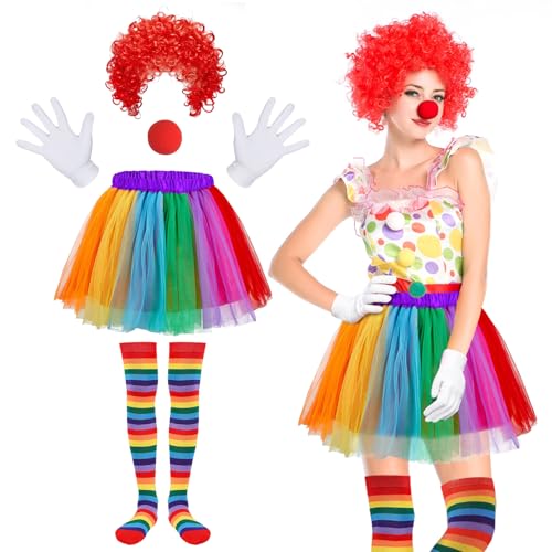 iZoeL Karneval Clown Kostüm Damen Mädchen, Clown Lockenperücke Regenbogen Tutu Rock Clownsnase Bunte Strümpfe Clown Kostüm Accessorie, Karneval Halloween Fasching Mottoparty Kostüm für Damen Mädchen von iZoeL