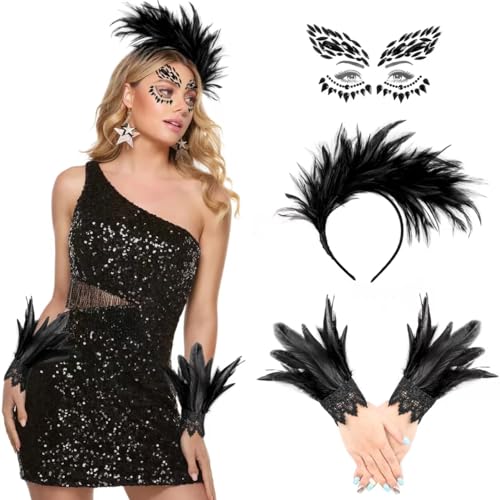 iZoeL Karneval Feder kostüm Damen Mädchen, Feder Haarreif Gothic Feder Handschuhe Tattoo Karneval Kostüm Accessorie, Malefiecent Kostüm Krähenkostüm Vogel kostüm Karneval Fasching Mottoparty Schwarz von iZoeL