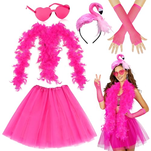 iZoeL Karneval Flamingo kostüm damen Mädchen, Flamingo Haarreif Rosa Tutu Rock Federschal Federboa Handschuhe liebesbrille Karneval Kostüm Accessorie, Damen Mädchen KostümFasching Mottoparty von iZoeL