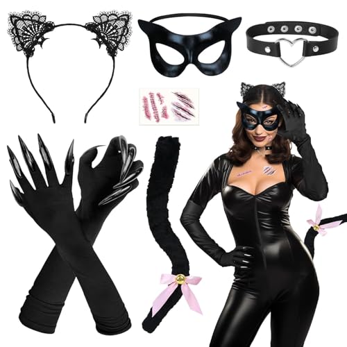 iZoeL Karneval Katzenkostüm Damen Mädchen, Katzenohren Haarreif Halskette Katze Schwanz Katzemask Handschuhe Katze Kostüm Accessorie, Karneval Fasching Halloween Mottoparty Damen Mädchen Kostüm von iZoeL