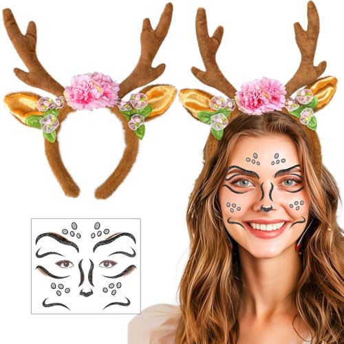 iZoeL Karneval Kostüm Damen Mädchen, Haarreif Reh Geweih Hörner mit Blumen + Reh Gesichtstattoo, Damen Kinder Reh kostüm Kopfschmuck Haarreifen Fasching Mottoparty Halloween kostüm von iZoeL