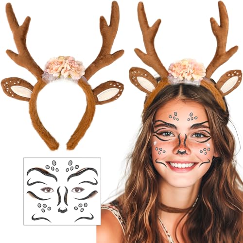 iZoeL Karneval Kostüm Damen Mädchen, Haarreif Reh Geweih Hörner mit Blumen + Reh Gesichtstattoo, Damen Kinder Reh kostüm Kopfschmuck Haarreifen Fasching Mottoparty Halloween von iZoeL