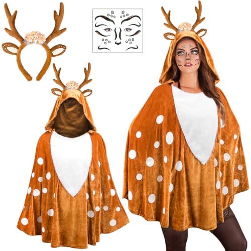 iZoeL Karneval Reh Kostüm Damen, Reh Geweih Haarreifen mit Rentier Ohren Reh Bambi Cape mit Kapuze Reh Face Tattoo Reh Kostüm Accessorie, Damen Reh kostüm Karneval Fasching Mottoparty Kostüm von iZoeL