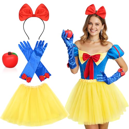 iZoeL Karneval Schneewittchen Kostüm Kinder Damen, Prinzessin Tutu Rock Haarreif mit Rote Schleife blaue Handschuhe Gefälschter Apfel Karneval Kostüm Accessorie, Damen Kinder Faschingkostüme von iZoeL