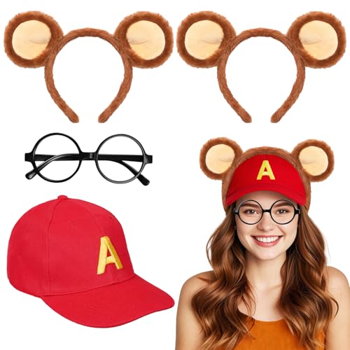 iZoeL Karneval Streifenhörnchen kostüm Damen Kinder, Chipmunks Ohren Haarreifen Brille Rote Mütze mit Brief A Chipmunks Kostüm Accessorie, Damen Kinder Kostüm Karneval Fasching Mottoparty Halloween von iZoeL