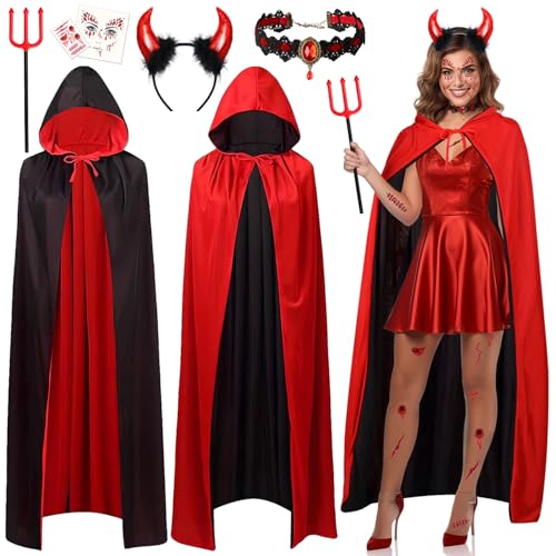 iZoeL Karneval Teufel Kostüm Damen,Teufel umhang roter Kapuzenumhang Haarreif Teufelshörner Gotische Teufelskette Tattoo Teufel kostüm Accessorie, Karneval Fasching Mottoparty Halloween kostüm von iZoeL