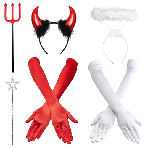 iZoeL Karneval kostüm Damen Mädchen, Haarreifen Teufelshörner Teufelsohren + weiß Heiligenschein Handschuhe Teufelheugabel Zauberstab Teufel Kostüm Accessorie Karneval Fasching Halloween von iZoeL