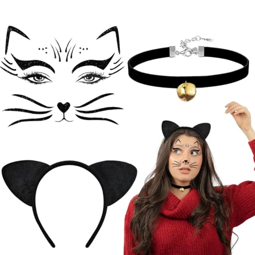 iZoeL Katzenkostüm Damen kinder, Katzenohren Haarreif Halskette mit Glöckchen Katze Gesichtstattoo Katze Kostüm Accessorie, Cat Ears für Damen Mädchen Karneval Fasching Halloween Mottoparty kostüm von iZoeL