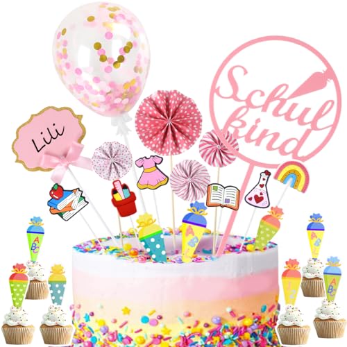 iZoeL 27 Stück Kuchendeko Schulanfang Mädchen SCHULKIND Tortendeko Einschulung Zuckertüte Cake Topper Konfetti Ballon Papierfächer ABC 123 Torten Cupcake Muffin Deko Tortenaufsätze von iZoeL