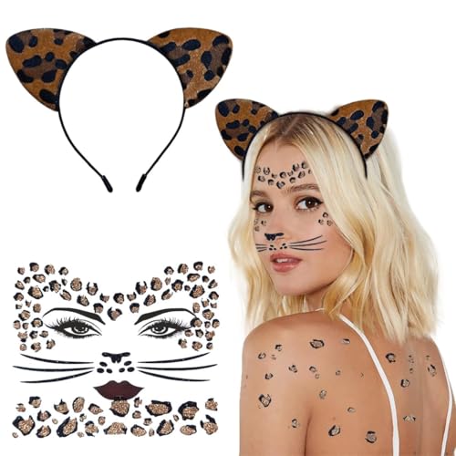 iZoeL Leoparden Kostüm Damen Kinder, Leoparden Ohren Haarreif Leoparden Gesichtstattoo Karneval kostüm Accessorie, Tier kostüm Damen Kinder Karneval Fasching Halloween Mottoparty kostüm von iZoeL