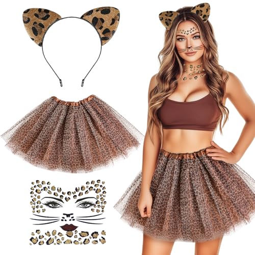 iZoeL Leoparden Kostüm Damen Kinder, Leoparden Ohren Haarreif Leoparden Tutu Rock Gesichtstattoo Karneval kostüm Accessorie, Tier kostüm Damen Kinder Karneval Fasching Mottoparty kostüm von iZoeL