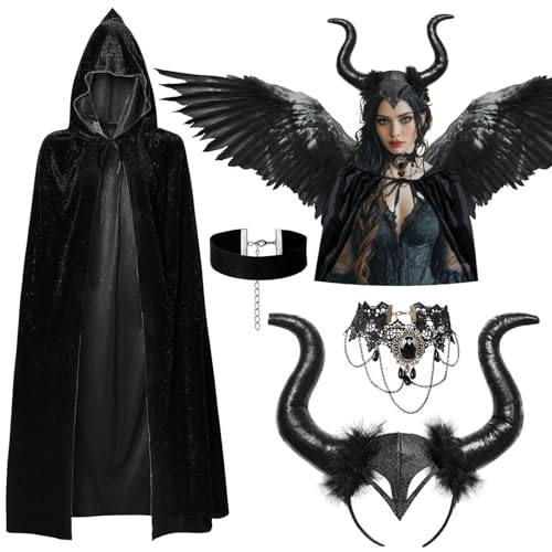 iZoeL Malefiecent Kostüm Teufel kostüm Damen, Teufel Umhang Teufelshörner Haarreif Gothic Spitze Halskette Halloween kostüm Accessorie, Damen Mädchen Kostüm Halloween Karneval Fasching Mottoparty von iZoeL