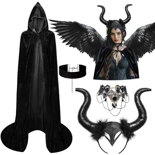 iZoeL Malefiecent Kostüm Teufel kostüm Damen, Teufel Umhang Teufelshörner Haarreif Gothic Spitze Halskette Karneval kostüm Accessorie, Damen outfit Karneval Fasching Mottoparty Kostüm iZoeL Malefiecent Kostüm Teufel kostüm Damen, Teufel Umhang Teufelshörner Haarreif Gothic Spitze Halskette Karneval kostüm Accessorie, Damen outfit Karneval Fasching Mottoparty Kostüm von iZoeL