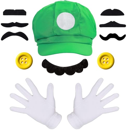 iZoeL Mario Bros und Luigi Kostüm Accessories Mütze Hut Handschuhe Bart gelbe Knöpfe Faschingkostüme für Fasching Karneval Halloween Cosplay Mottoparty Kostüm für Kinder Damen Herren von iZoeL