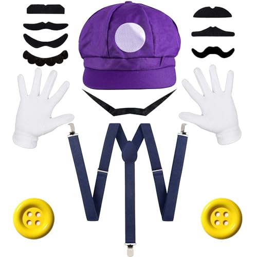 iZoeL Mario Brothers Kostüm Accessories, lila Mario Bros Mütze Hut Schnurrbart Handschuhe Knöpfe HosenträgerHerren Damen Faschingkostüme Karneval Halloween Cosplay Mottoparty Kostüm von iZoeL