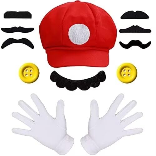 iZoeL Bros Mario und Luigi Kostüm Accessories Mütze Hut Handschuhe Bart gelbe Knöpfe Faschingkostüme für Fasching Karneval Halloween Cosplay Mottoparty Kostüm für Kinder Damen Herren von iZoeL