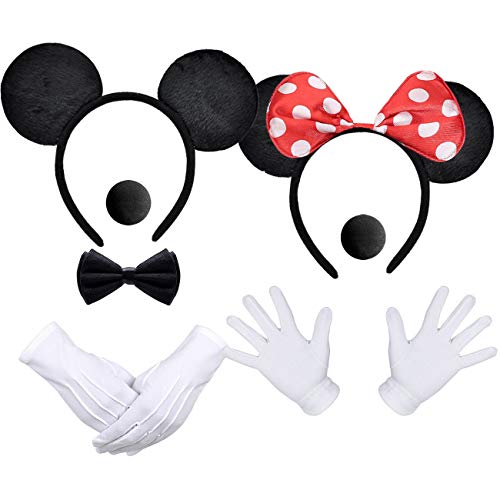 iZoeL 2Stk Haarreifen mit Maus Ohren Rote Schleife und Schwarz + 2 weiße Handschuhe + 2 Nase + 1 Fliege Schleife,Fasachingkostüme Accessoire Karneval Mottoparty Cosplay Halloween Kostüm von iZoeL