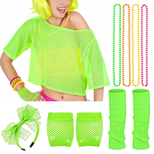 iZoeL Netzshirt Netzoberteil Netztop 10tgl. 80er Jahre Outfit Accessoires Haarreif Halskette Handschuhe Beinstulpen 80er Damen Kostüm Neon Shirt Halloween Karneval Cosplay Party von iZoeL