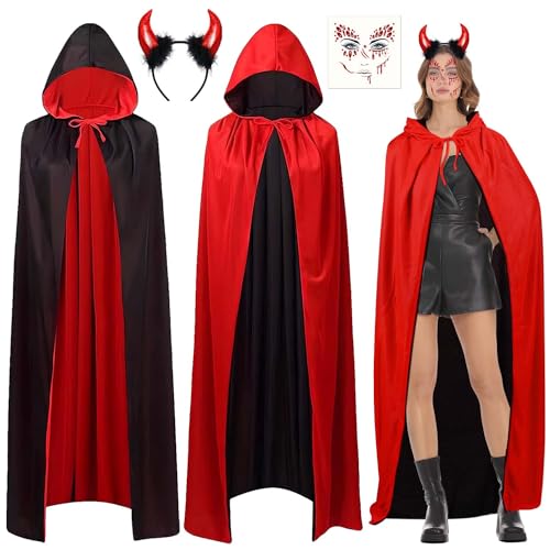 iZoeL Halloween Teufel Kostüm Damen,Teufel umhang roter Kapuzenumhang Haarreif Teufelshörner Heugabel Tattoo Teufel kostüm Accessorie, Halloween Karneval Fasching Mottoparty kostüm von iZoeL