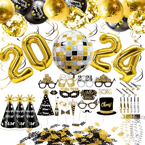 iZoeL Silvester Deko 2024 Party Set Gold Folienballon 2023 Happy New Year Deko Banner Luftballon Silvester Fotorequisiten Partytröten Metalic Luftschlangen Konfetti Spiral Neujahr Partydeko von iZoeL