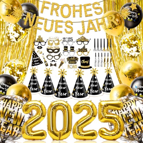 iZoeL Silvester Deko 2025 Party Golden Folienballon 2025 Frohes neues Jahr Deko Banner Luftballon Silvester Fotorequisiten Partytröten Metalic Glitzer Vorhang Neujahr Partydeko Silvesterdeko von iZoeL