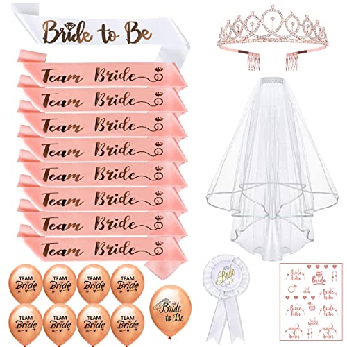 iZoeL Bride to be Schärpe, 8x Team Bride Schärpe, Hochzeit Schleier, Krone Braut, Brautabzeichen, 8x Rosegolde Luftballon, Tattoo JGA Schärpe JGA Accessoires Junggesellinnenabschied von iZoeL