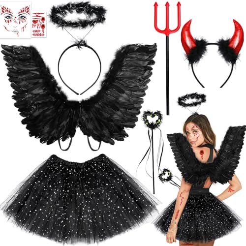 iZoeL Teufel Kostüm schwarz Engel kostüm Damen Mädchen, Engelsflügel Tutu Rock Teufelshörner Engel Haarreif Heugabel Zauberstab, Damen Mädchen kostüme Karneval Cosplay Halloween Fasching Kostüm von iZoeL