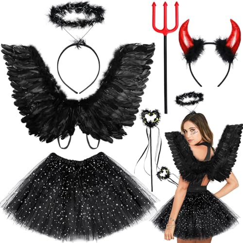 iZoeL Teufel Kostüm schwarz Engel kostüm Damen Mädchen, Engelsflügel Tutu Rock Teufelshörner Engel Haarreif Heugabel Zauberstab, Damen Mädchen kostüme Karneval Halloween Fasching Kostüm von iZoeL