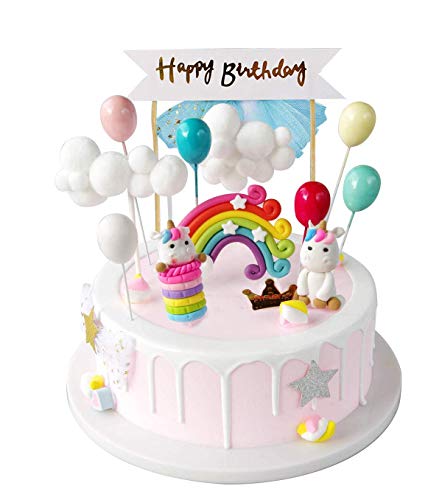 iZoeL Tortendeko Einhorn Geburtstag Kuchen Regenbogen Happy Birthday Girlande Luftballon Wolke Kuchen Topper für Kinder Mädchen Junge von iZoeL