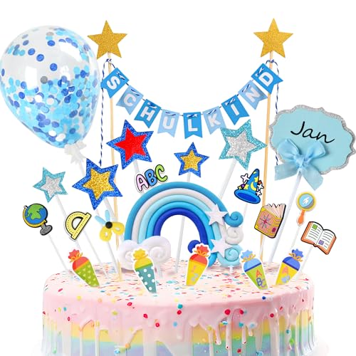 iZoeL Tortendeko Einschulung Junge Blau Schulkind Girlande Schulanfang Kuchendeko Zuckertüte Kuchen Deko ABC 123 Buch Ballon Tortenaufsätze Torten Cupcake Muffin Topper von iZoeL