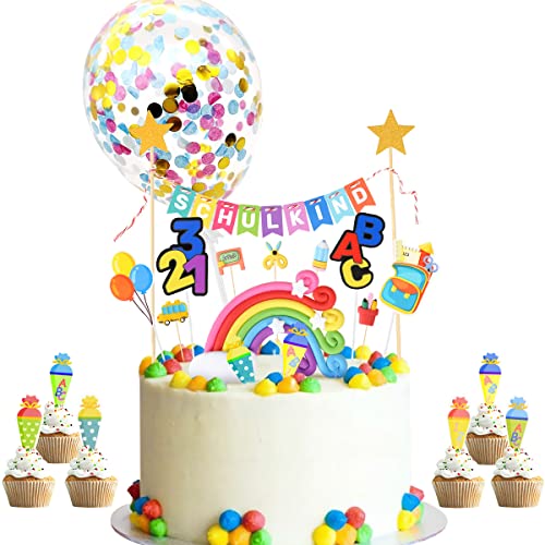 iZoeL Tortendeko Einschulung Schulkind Girlande Schulanfang Kuchendeko Zuckertüte Kuchen Deko ABC 123 Ballon Tortenaufsätze Torten Cupcake Muffin Topper für Junge Mädchen (Bunt Schulkind) von iZoeL