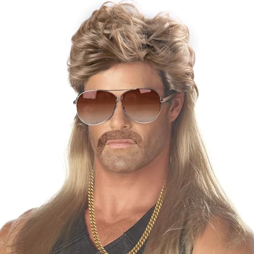 iZoeL Vokuhila Perücke 80er 90er Jahre Outfit Accessoires Herren - Blond Perücken Wig Sonnenbrille Halskette - Männer Karneval Fasching Perücke Faschingskostüme Halloween Party Kostüme von iZoeL