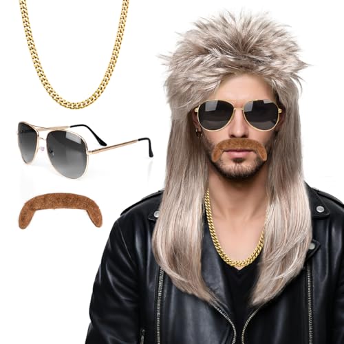 iZoeL Vokuhila Perücke 80er 90er Jahre Outfit Accessoires Herren - Silber-Grau Perücken Wig Sonnenbrille Halskette - Männer Karneval Fasching Perücke Faschingskostüme Halloween Party Kostüme von iZoeL