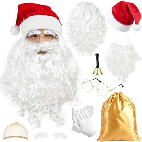 iZoeL Weihnachtsmann kostüm Herren Damen, Weihnachtsmann Perücke Bart Mütze Handschuhe Weihnachtsmann Tasche Brille Weihnachtskostüm Accessories, Herren Damen Weihnachtsmann Anzug von iZoeL