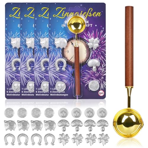 iZoeL Zinngießen Silvestergießen mit 24 Zinnfiguren 4 Löffel Anleitung Orakelheft, Zinn Giessen Silvester, 4 Zinn Set zu gießen für Silvester Partyspiele Silvesterbrauch Wahrsagerei-Partyspiel von iZoeL